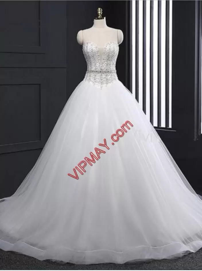 Noble White Sleeveless Tulle Court Train Zipper Bridal Gown for Wedding Party