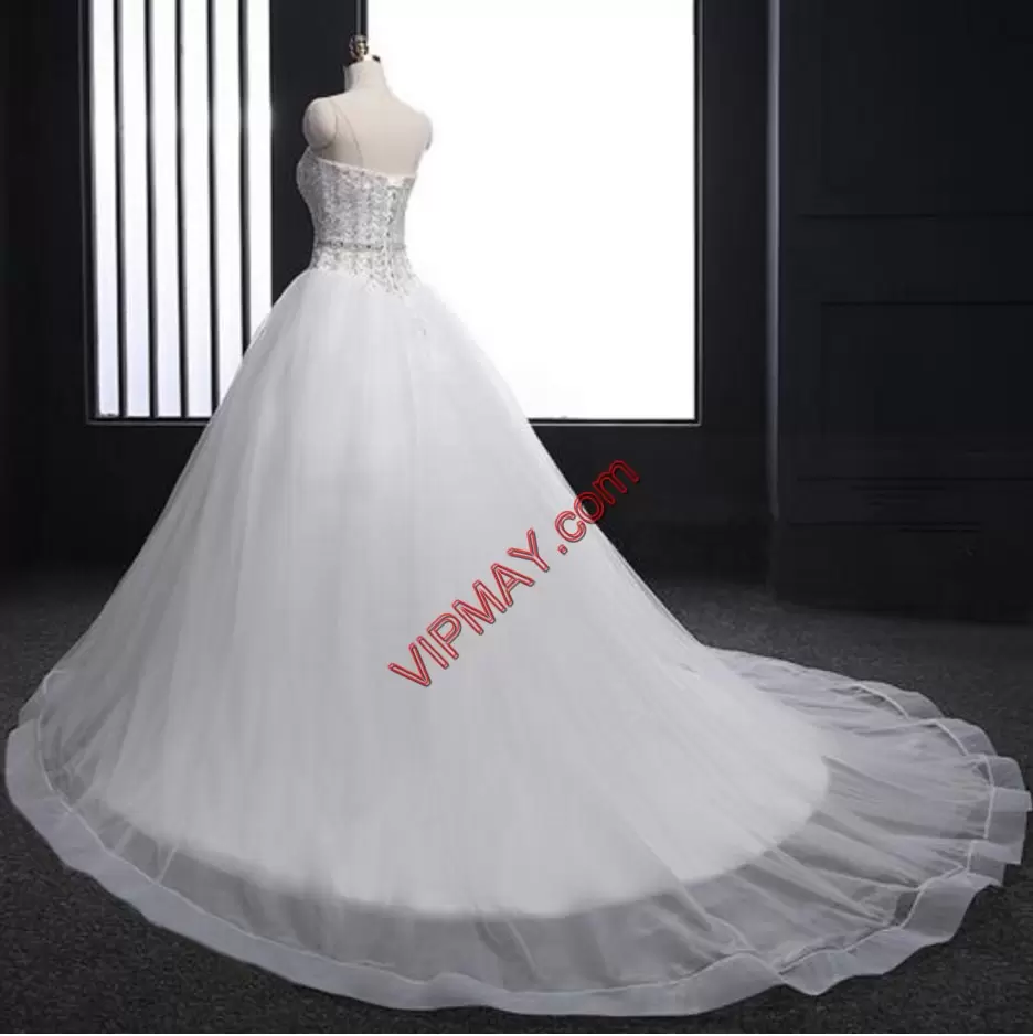 Noble White Sleeveless Tulle Court Train Zipper Bridal Gown for Wedding Party