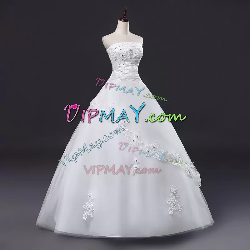 Fantastic Sleeveless Strapless Lace Up Floor Length Lace and Appliques Wedding Gowns Strapless