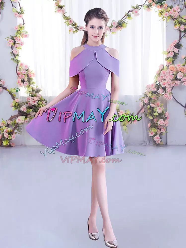 Lavender Short Sleeves Ruching Mini Length Bridesmaid Gown