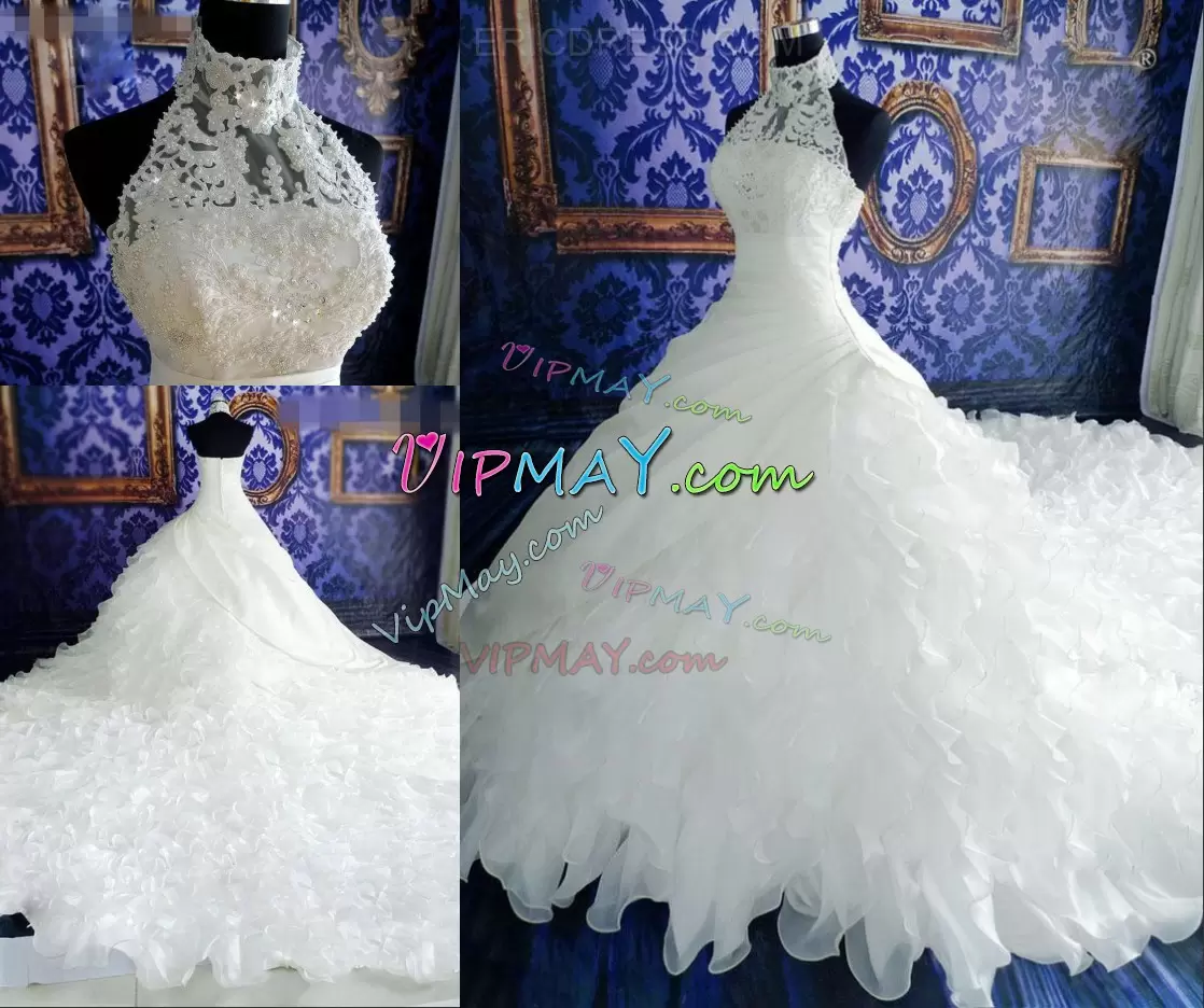 With Train White Bridal Gown Organza Cathedral Train Sleeveless Beading and Appliques and Ruffles