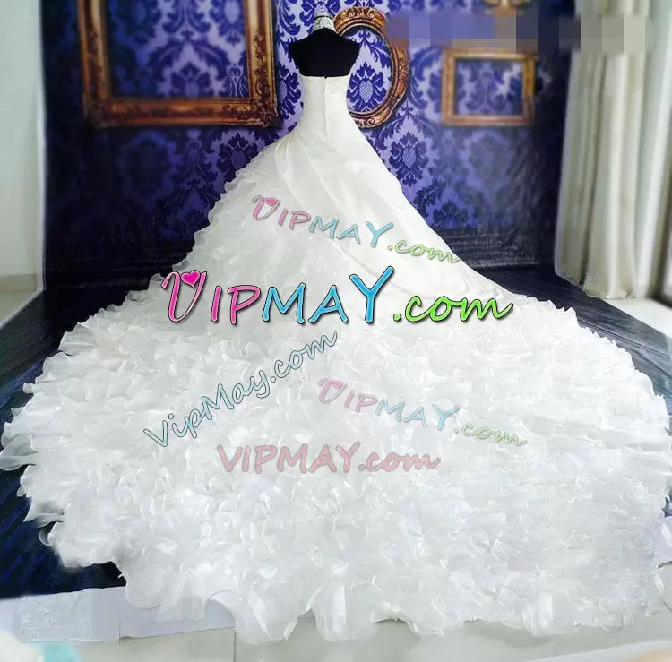 With Train White Bridal Gown Organza Cathedral Train Sleeveless Beading and Appliques and Ruffles