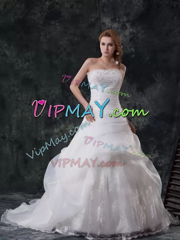 Amazing White Strapless Zipper Beading and Appliques and Ruching and Pick Ups Wedding Dresses Brush Train Sleeveless