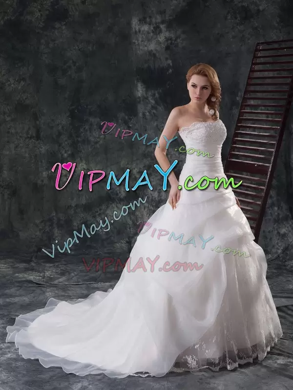 Amazing White Strapless Zipper Beading and Appliques and Ruching and Pick Ups Wedding Dresses Brush Train Sleeveless