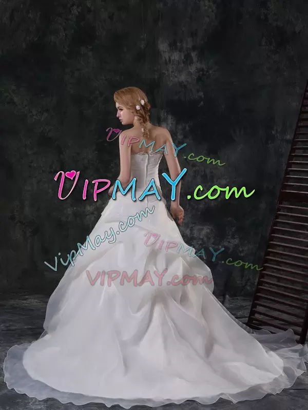 Amazing White Strapless Zipper Beading and Appliques and Ruching and Pick Ups Wedding Dresses Brush Train Sleeveless