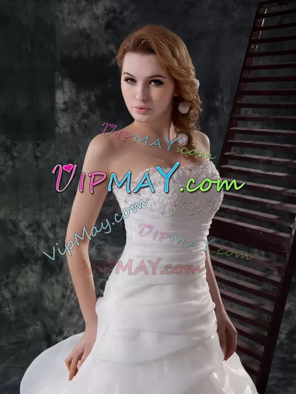 Amazing White Strapless Zipper Beading and Appliques and Ruching and Pick Ups Wedding Dresses Brush Train Sleeveless