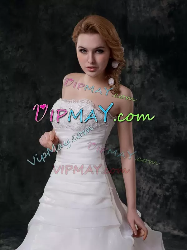 Amazing White Strapless Zipper Beading and Appliques and Ruching and Pick Ups Wedding Dresses Brush Train Sleeveless