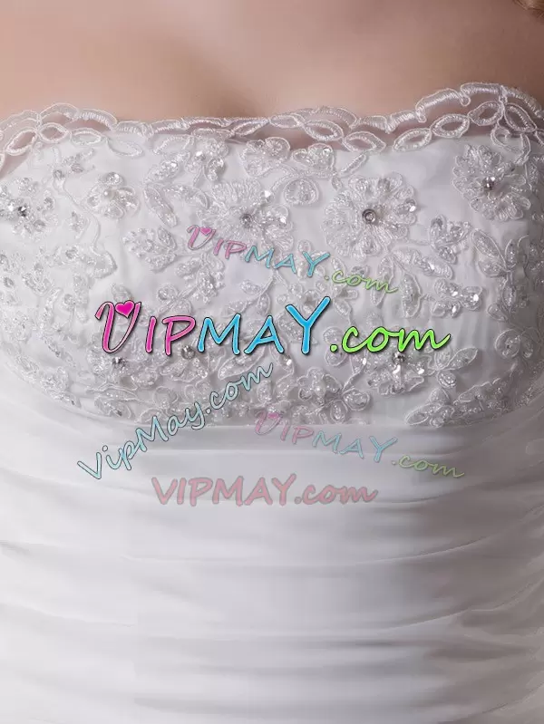 Amazing White Strapless Zipper Beading and Appliques and Ruching and Pick Ups Wedding Dresses Brush Train Sleeveless