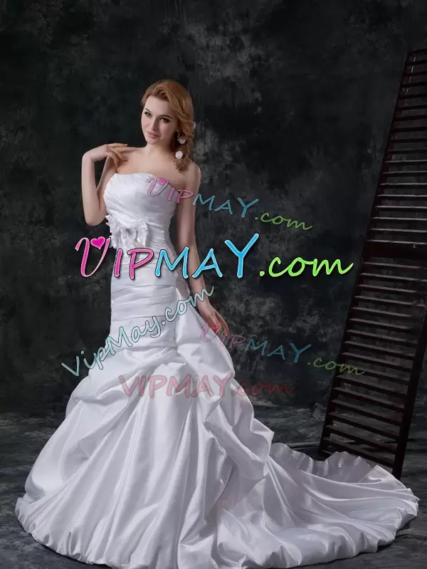 Fantastic Strapless Sleeveless Wedding Gown With Brush Train Pick Ups and Hand Made Flower White Taffeta