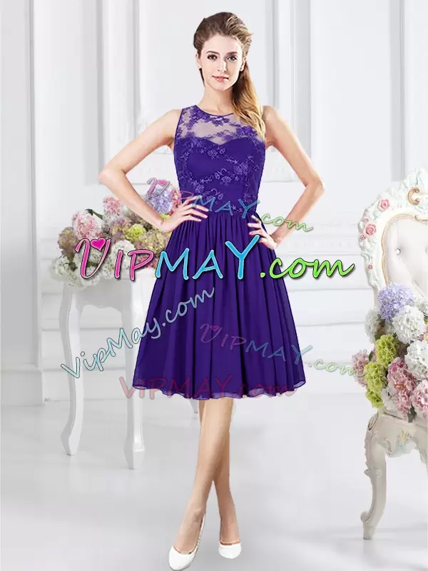 Deluxe Purple Zipper Scoop Lace Bridesmaid Dress Chiffon Sleeveless