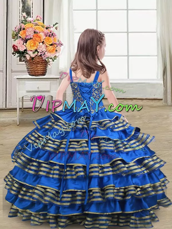 Trendy Royal Blue Sleeveless Satin Lace Up Child Pageant Dress for Wedding Party