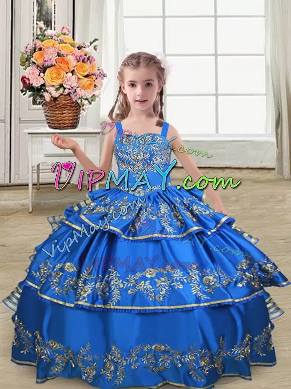 Trendy Royal Blue Sleeveless Satin Lace Up Child Pageant Dress for Wedding Party