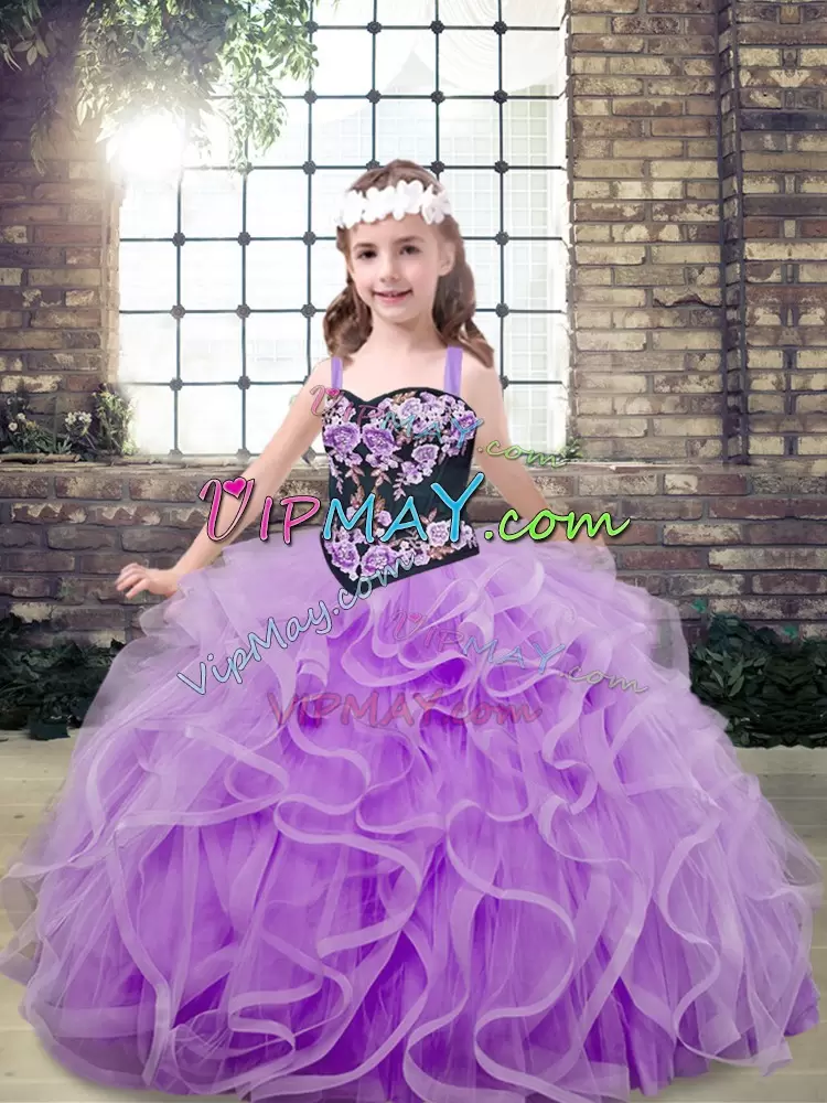 Stylish Lavender Pageant Dress Party and Wedding Party with Embroidery and Ruffles Straps Sleeveless Lace Up