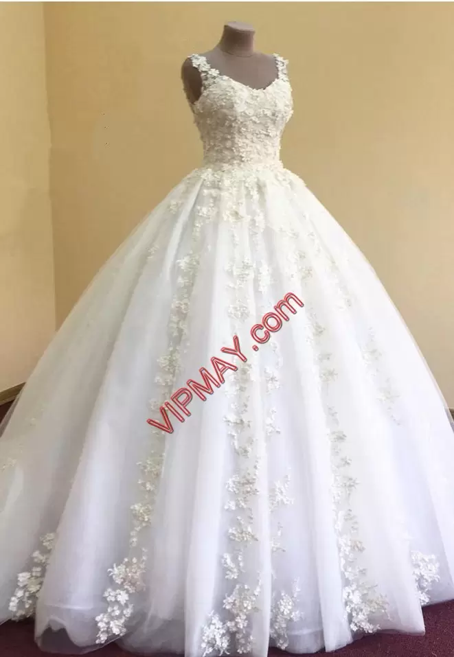 Custom Made White Tulle Zipper Bridal Gown Sleeveless With Train Court Train Beading and Lace and Appliques