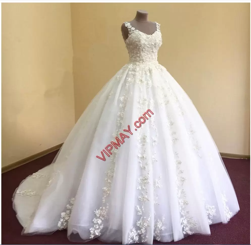 Custom Made White Tulle Zipper Bridal Gown Sleeveless With Train Court Train Beading and Lace and Appliques