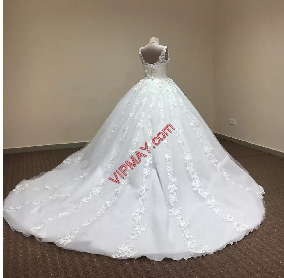 Custom Made White Tulle Zipper Bridal Gown Sleeveless With Train Court Train Beading and Lace and Appliques