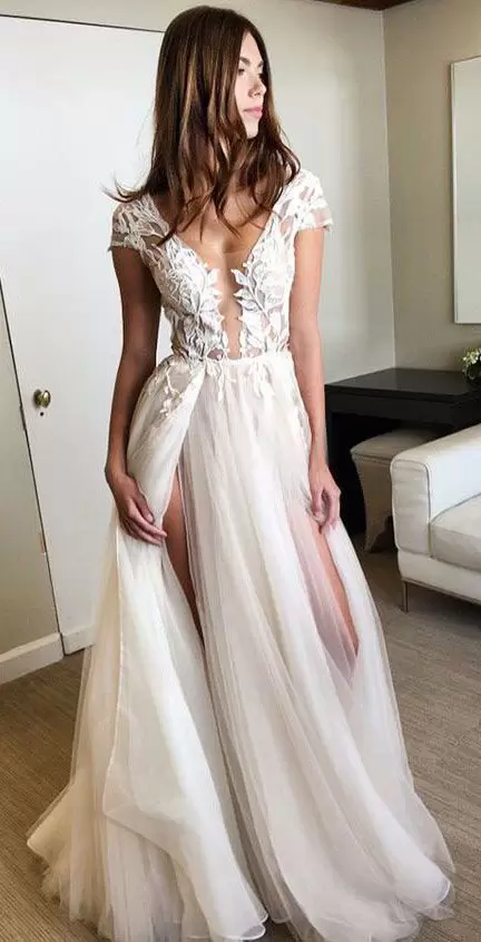 White Wedding Dresses Prom and Party and Wedding Party with Appliques V-neck Cap Sleeves Lace Up