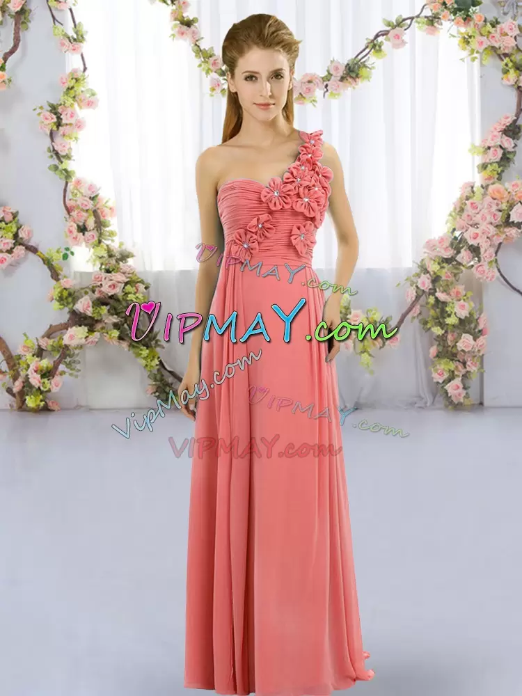 Floor Length Empire Sleeveless Watermelon Red Dama Dress for Quinceanera Lace Up