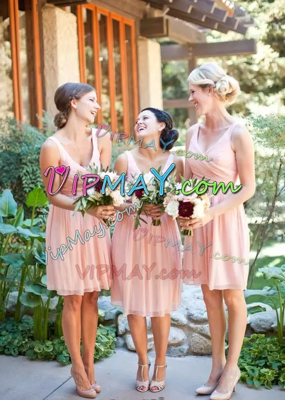 Eye-catching Pink Wedding Party Dress Party and Wedding Party with Ruching V-neck Sleeveless Lace Up