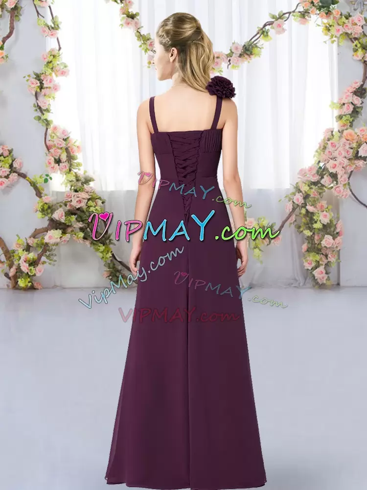 Purple Empire Straps Sleeveless Chiffon Floor Length Lace Up Hand Made Flower Quinceanera Dama Dress