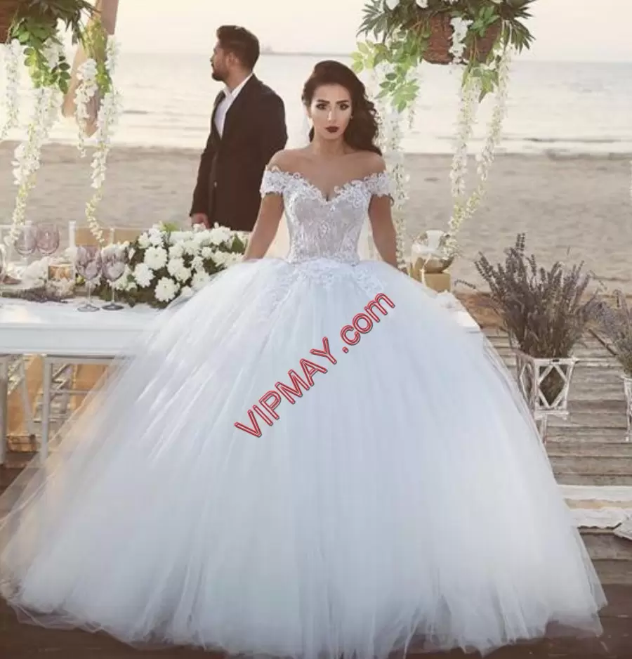 White Lace Up Off The Shoulder Appliques Wedding Gowns Tulle Sleeveless