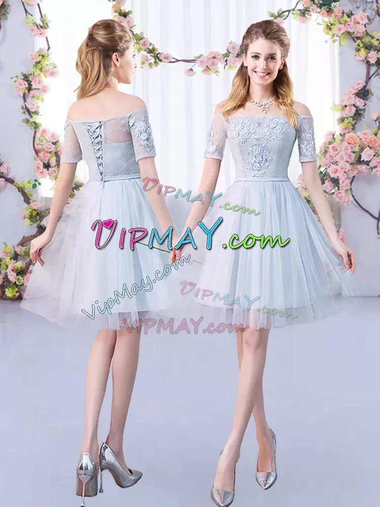 Pretty Grey Tulle Lace Up Dama Dress Short Sleeves Mini Length Lace