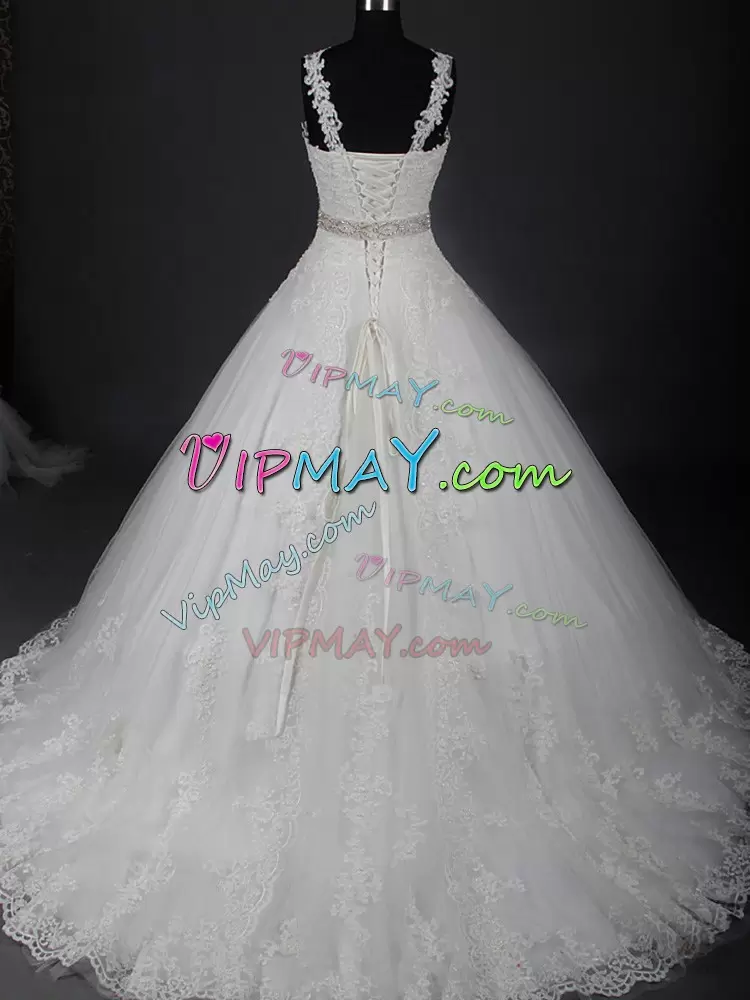 Charming White Wedding Dress Scoop Sleeveless Brush Train Lace Up