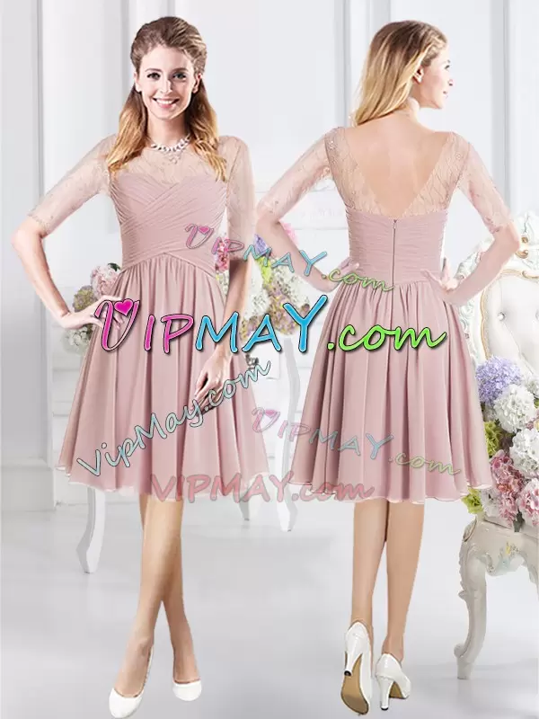 Knee Length Pink Bridesmaid Gown Scoop Half Sleeves Zipper