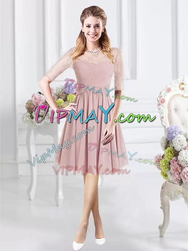 Knee Length Pink Bridesmaid Gown Scoop Half Sleeves Zipper