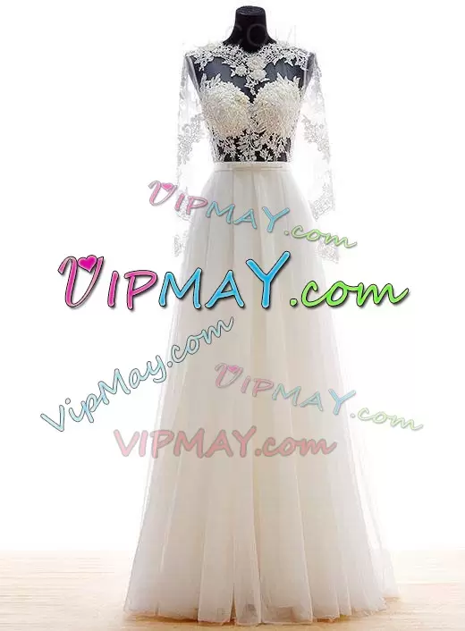White Empire Tulle Scoop Long Sleeves Lace and Appliques Floor Length Lace Up Wedding Dresses