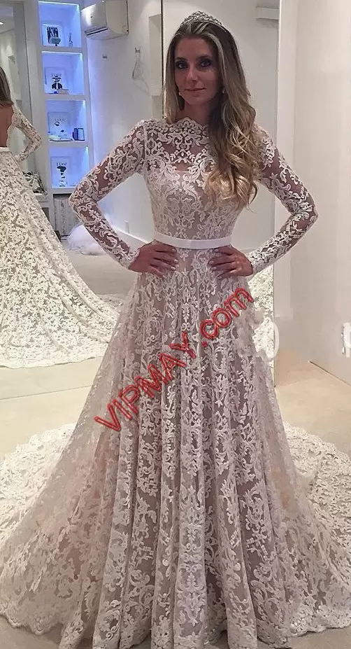 Dynamic White Lace Backless Wedding Dress Long Sleeves Court Train Lace