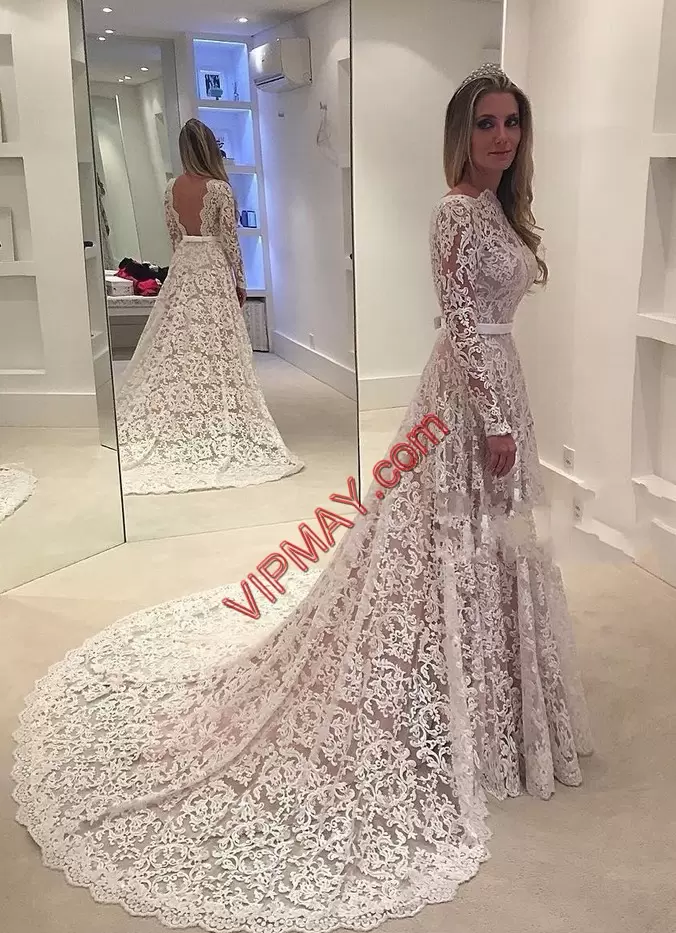 Dynamic White Lace Backless Wedding Dress Long Sleeves Court Train Lace