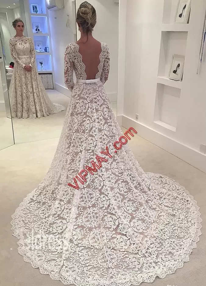 Dynamic White Lace Backless Wedding Dress Long Sleeves Court Train Lace