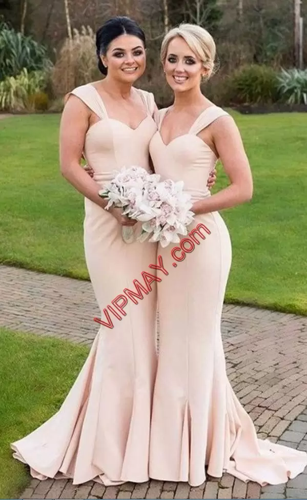 Pink Satin Lace Up Straps Sleeveless With Train Bridesmaid Dresses Sweep Train Ruching