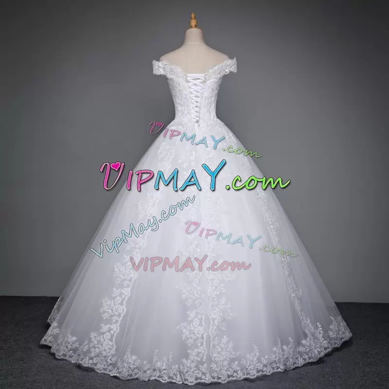 Pretty White Off The Shoulder Lace Up Appliques Bridal Gown Sleeveless