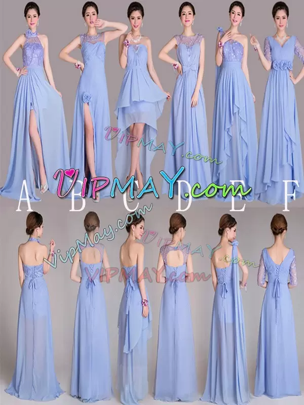 Blue Empire Ruching Bridesmaid Dresses Lace Up Chiffon Sleeveless Floor Length