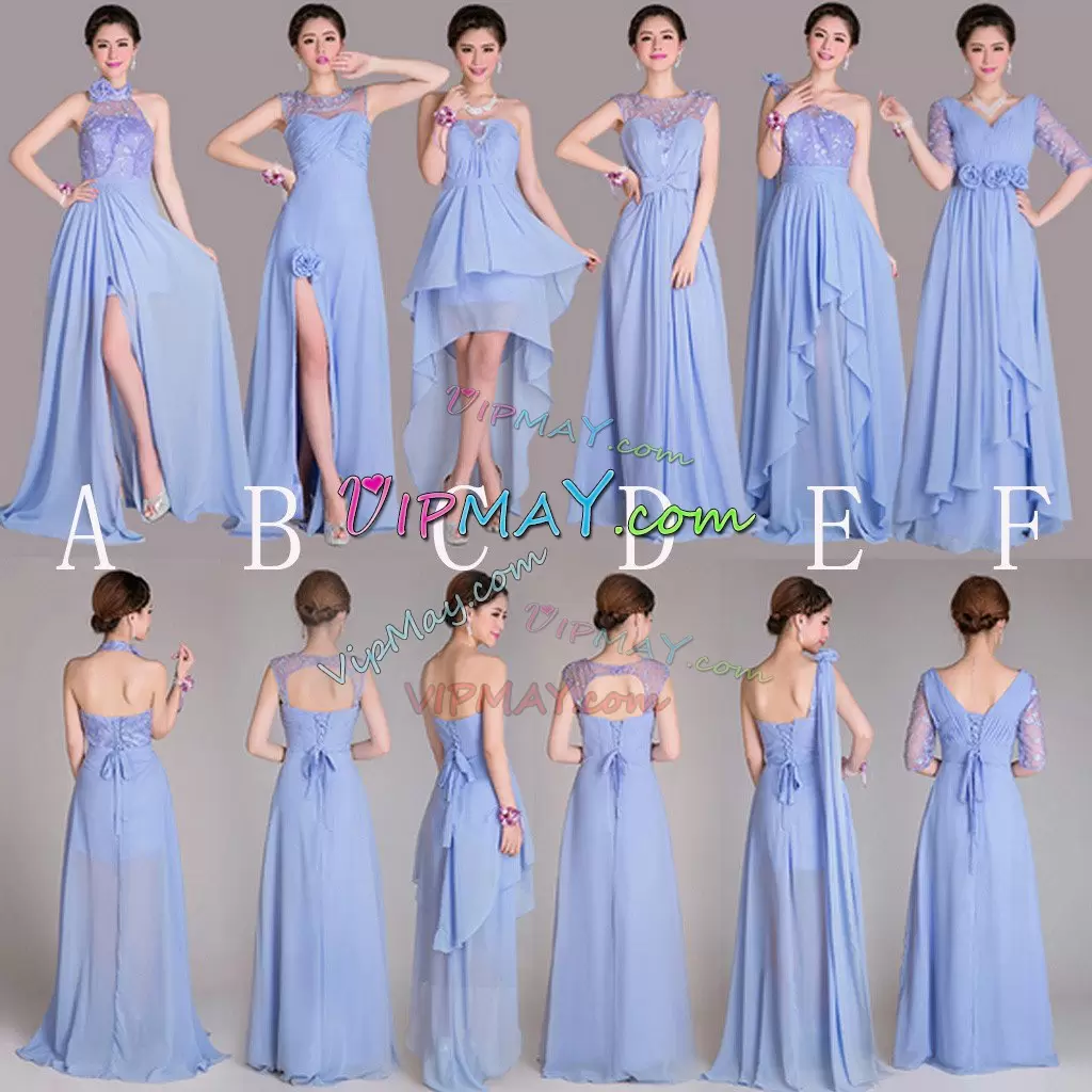 Blue Empire Ruching Bridesmaid Dresses Lace Up Chiffon Sleeveless Floor Length