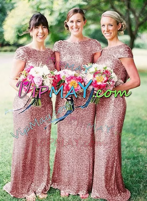 Sequined Scoop Short Sleeves Sequins Bridesmaid Gown in Pink