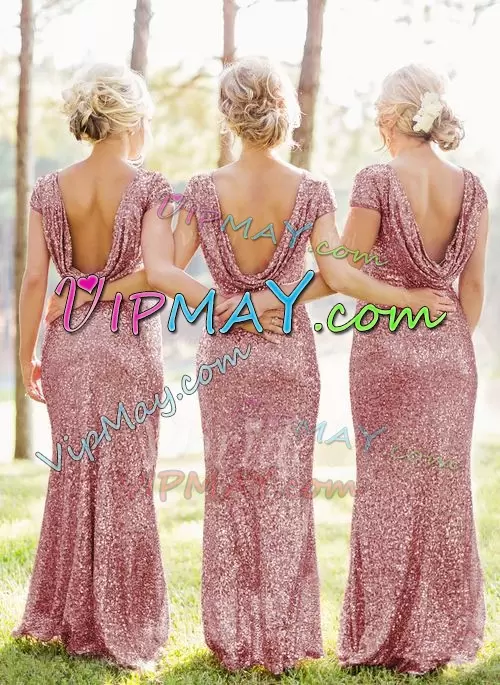 Sequined Scoop Short Sleeves Sequins Bridesmaid Gown in Pink
