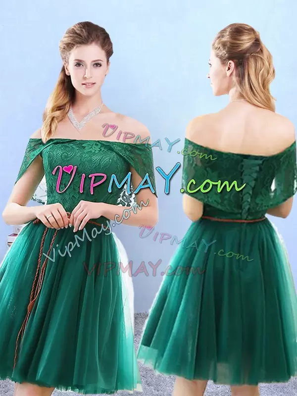 Green Tulle Backless Bridesmaid Dresses Half Sleeves Knee Length Lace