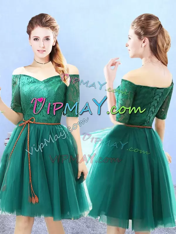 Green Tulle Backless Bridesmaid Dresses Half Sleeves Knee Length Lace