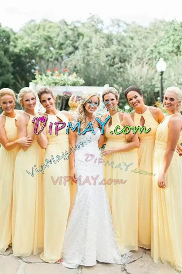 Chiffon Scoop Sleeveless Ruching Bridesmaid Dresses in Yellow