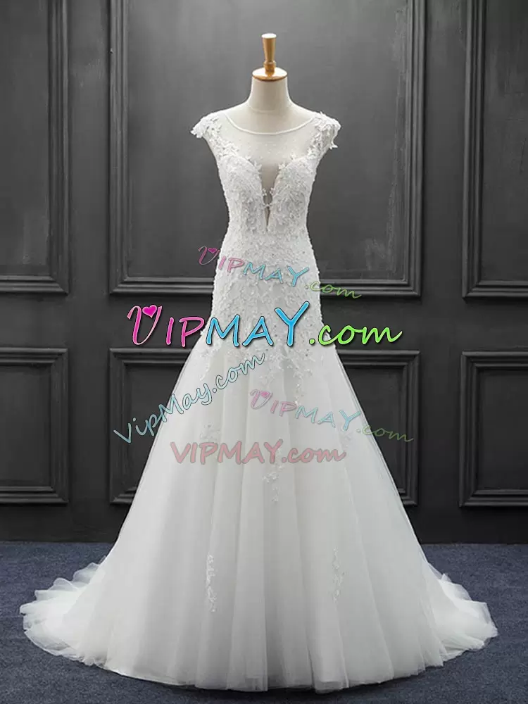 Delicate White Wedding Dresses Scoop Sleeveless Brush Train Lace Up