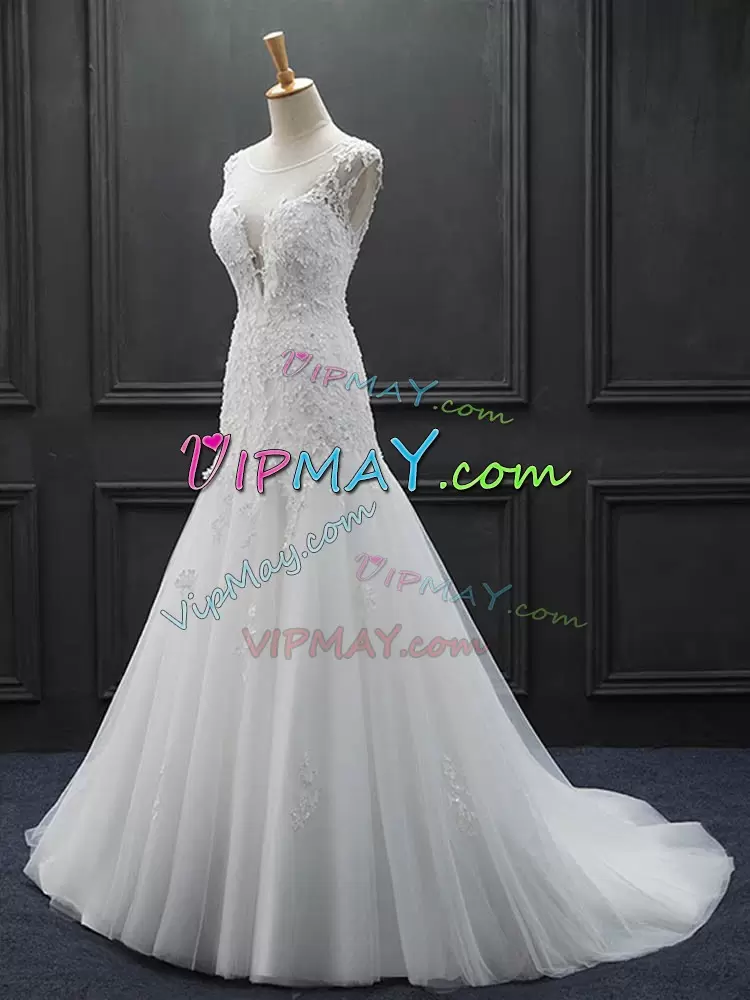 Delicate White Wedding Dresses Scoop Sleeveless Brush Train Lace Up