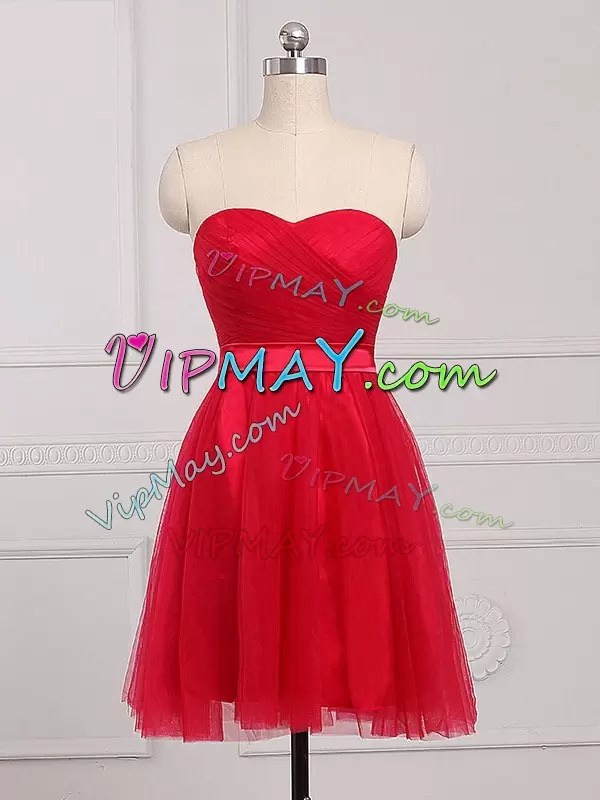 Romantic Red Sweetheart Tulle Ruching Short Damas Dress with Sash