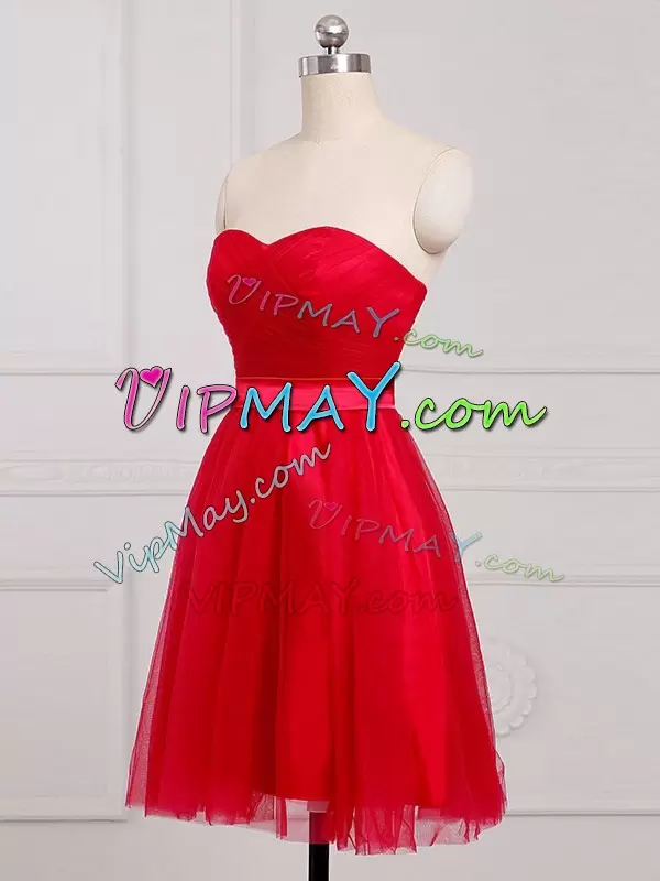 Romantic Red Sweetheart Tulle Ruching Short Damas Dress with Sash