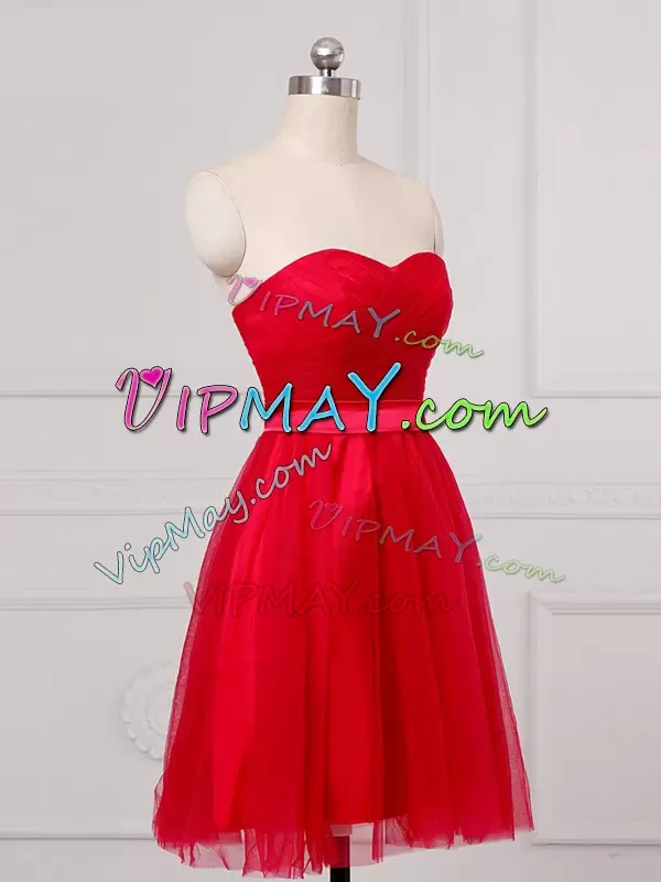 Romantic Red Sweetheart Tulle Ruching Short Damas Dress with Sash