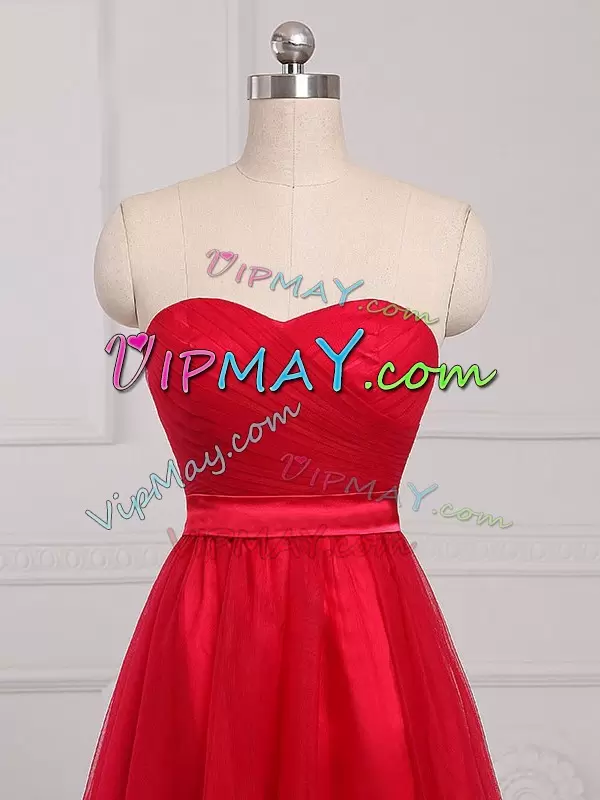 Romantic Red Sweetheart Tulle Ruching Short Damas Dress with Sash