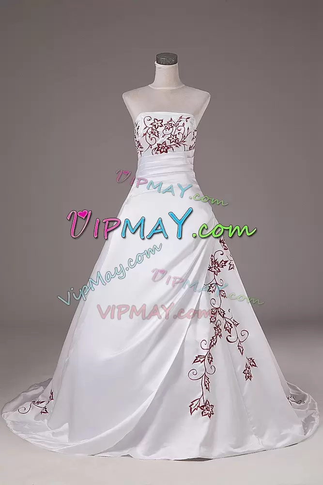 Attractive White Ball Gowns Satin Strapless Sleeveless Embroidery Lace Up Wedding Gown Brush Train
