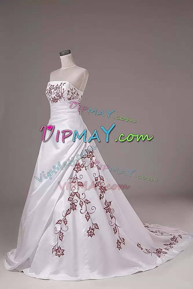 Attractive White Ball Gowns Satin Strapless Sleeveless Embroidery Lace Up Wedding Gown Brush Train